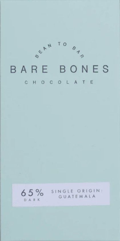 Front packaging of Bare Bones 64% Guatemala Dark Chocolate with simple wording on teal colored background